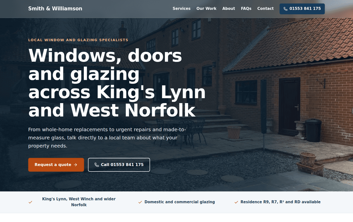 Smith & Williamson website landing page with a window and glass installation hero image.
